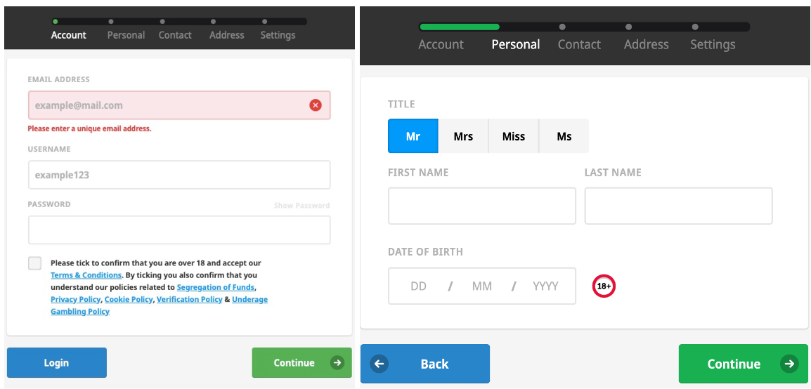 First two pages of registration process, including email address, password, name and date of birth details